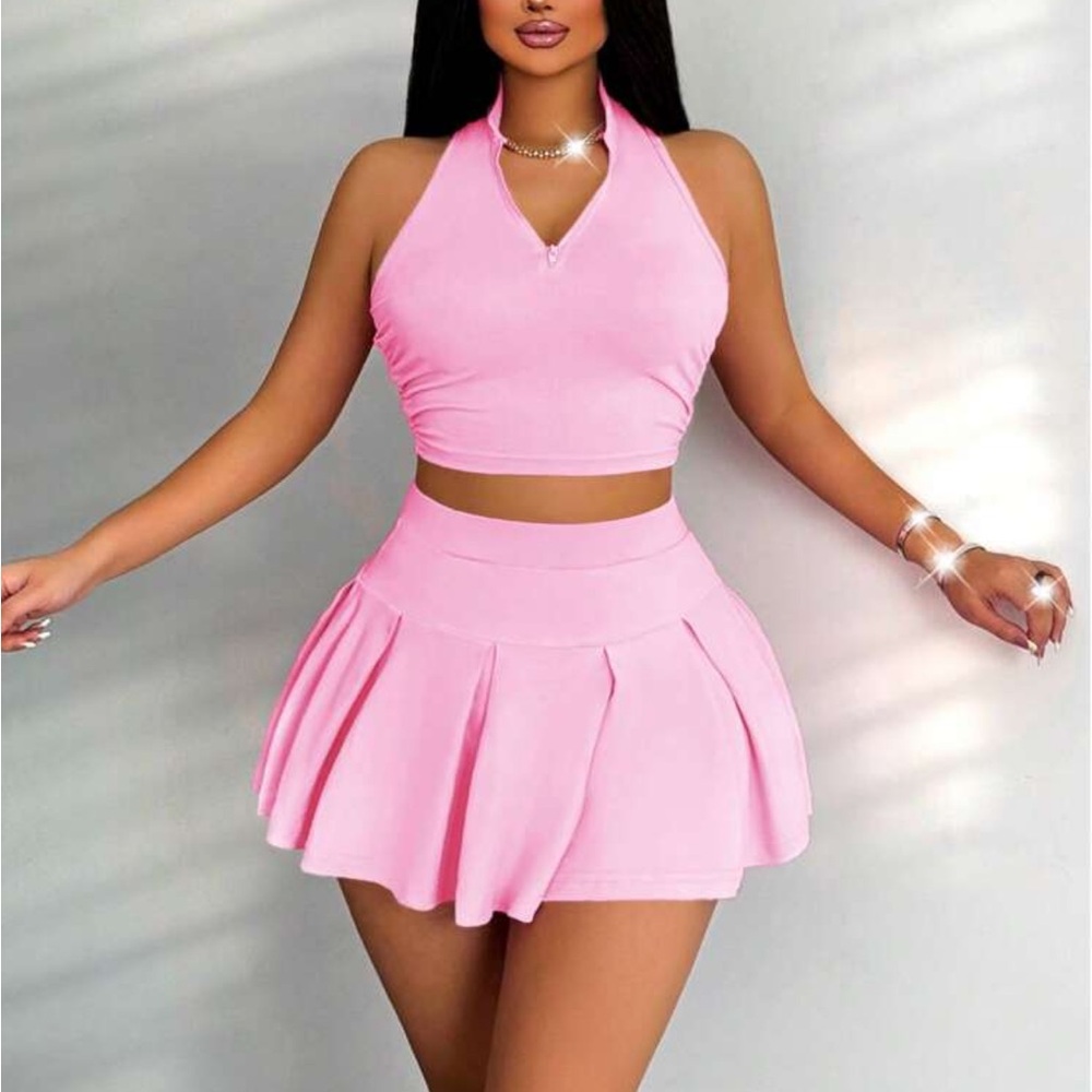 Pink Halter Crop Top and Skirt Set